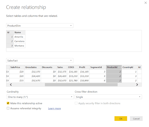 Create Relationship Window - Power BI Sales Dashboard